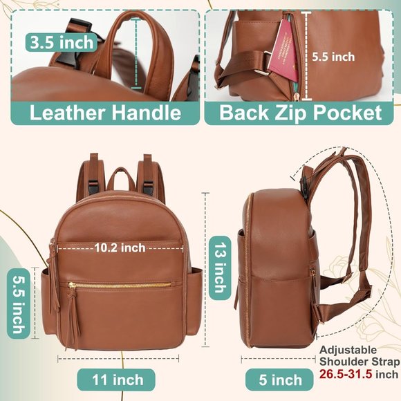 MOMINSIDE Small Brown Leather Diaper Bag Backpack with Blue Interio - Brand New! - Picture 9 of 11